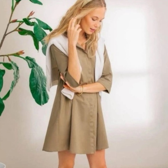TUCKERNUCK ✨ Khaki Brown/Olive Charlie Shirt Dress ✨ 3/4 Sleeves ✨ Size M - Picture 9 of 14